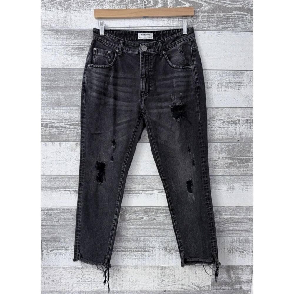 One X OneTeaspoon Jeans Womens 30 Black Distressed Straight Raw Hem (Fit 30x28)